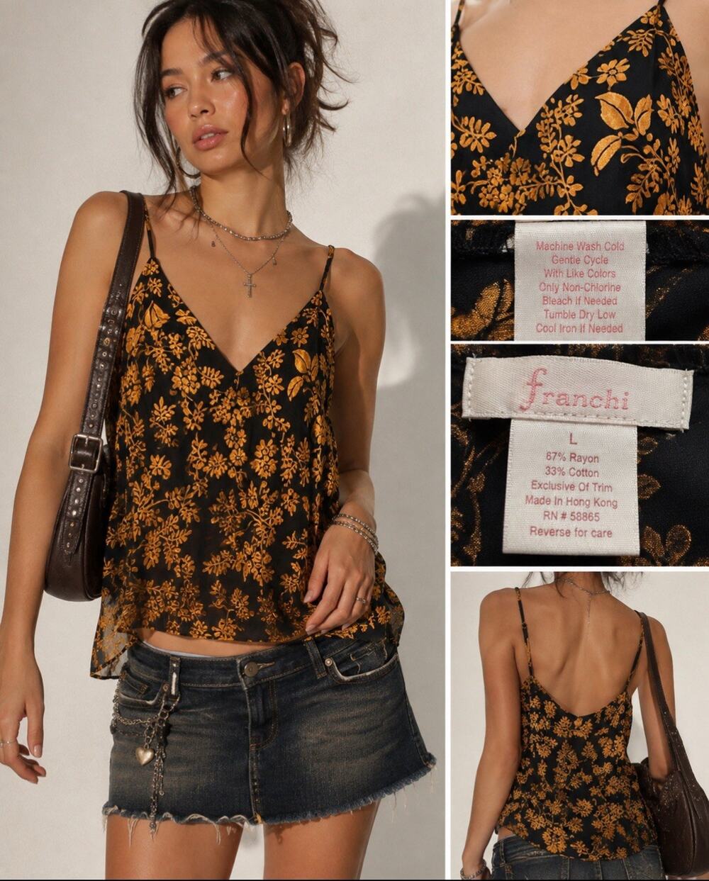 Y2K Indie Boho LOFT Velvet Burnout Cami Top Size M Black Gold Floral Moody 2000s